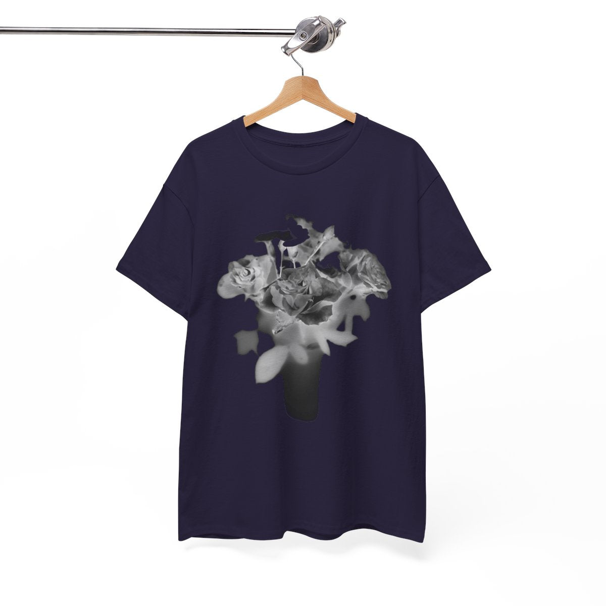 floral gildan 5000 cotton heavy t-shirt featuring black and white roses