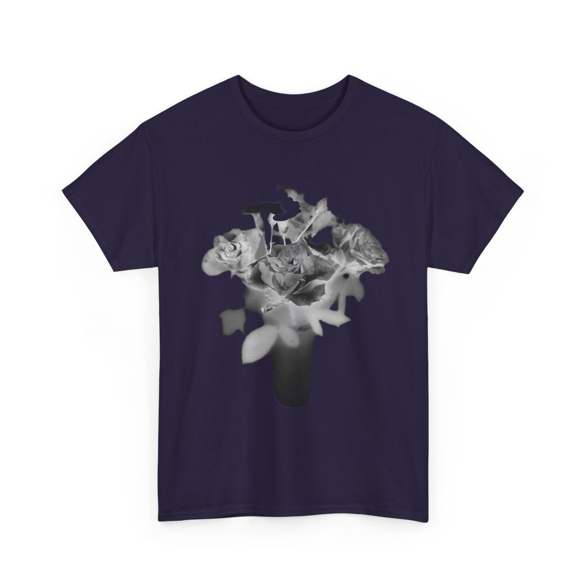 floral gildan 5000 cotton heavy t-shirt featuring black and white roses