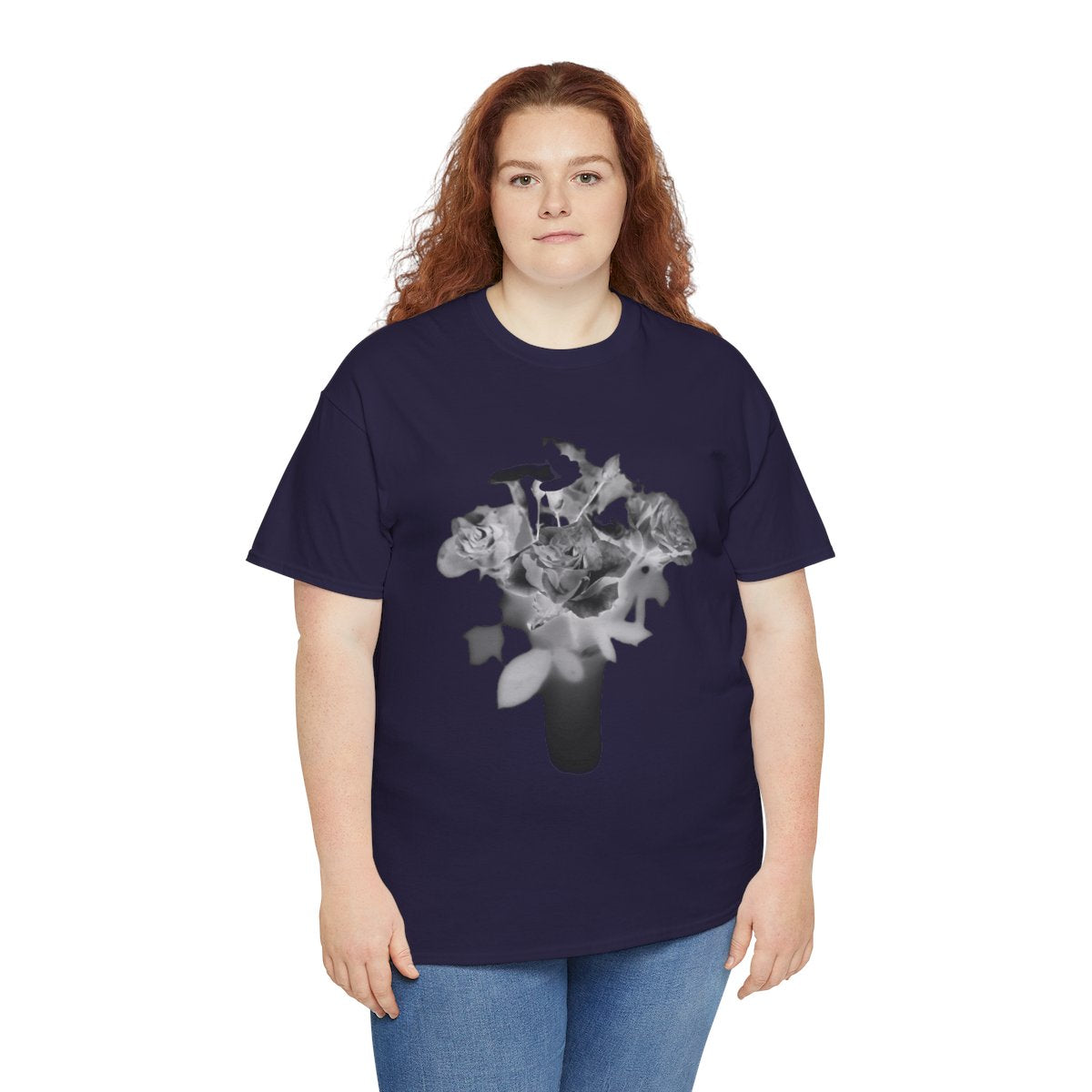floral gildan 5000 cotton heavy t-shirt featuring black and white roses