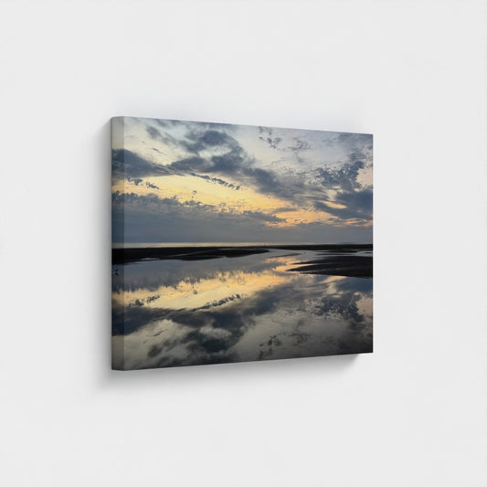 Eco-Friendly Canvas featuring Beach Sunset in Blackpool. Stretched gallery wrap wall art with reflective shore and clouds