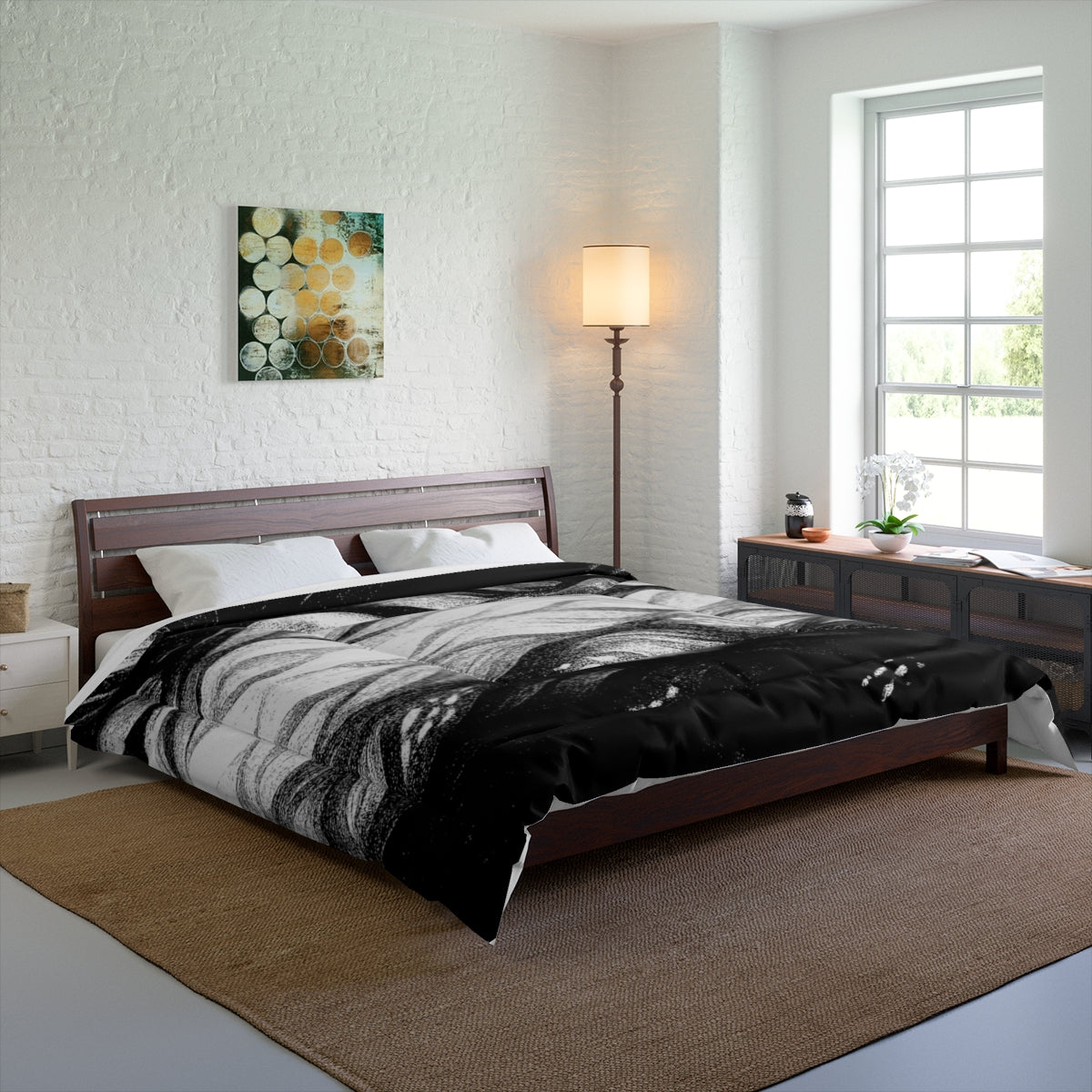 Spacious room mockup with the king-sized black and white comforter delivering dramatic contrast. Size: 104" × 88"