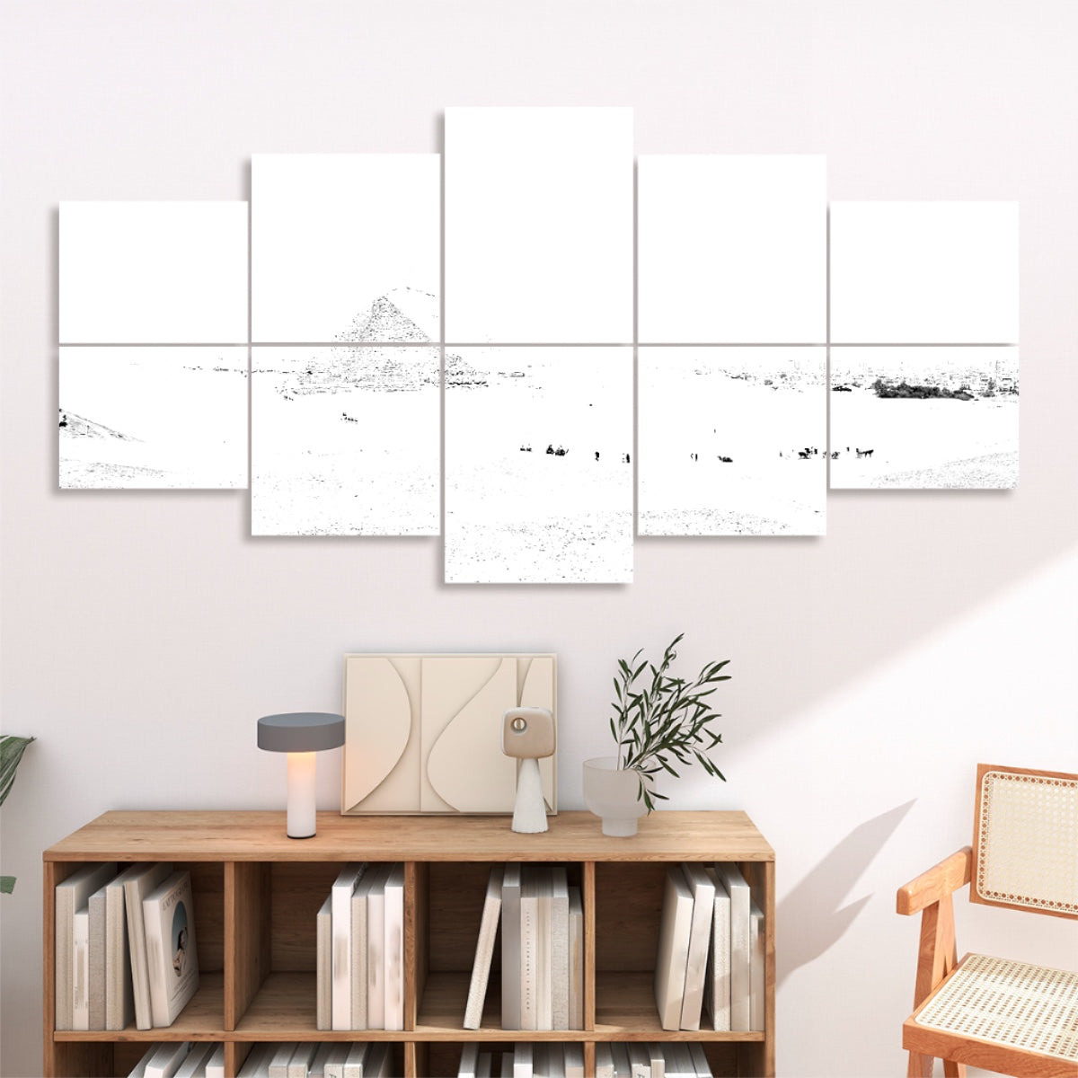 Black and white version of pyramids in the desert, arranged across 10 acoustic wall panels with bold contrast and open tonal range.