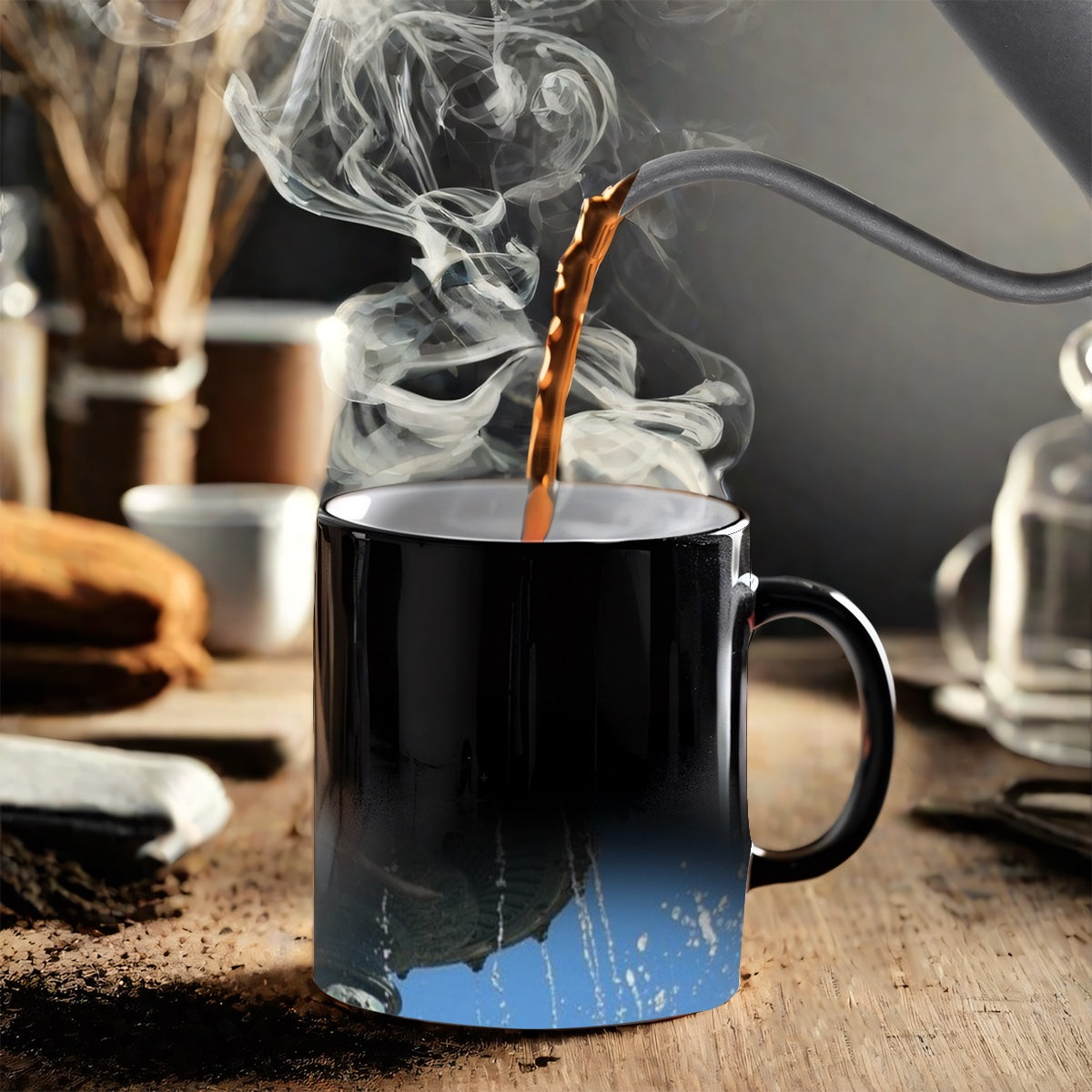 Color changing magic mug featuring seagull in flight with blue sky in background and Fontaine in Lisbon size:11oz
