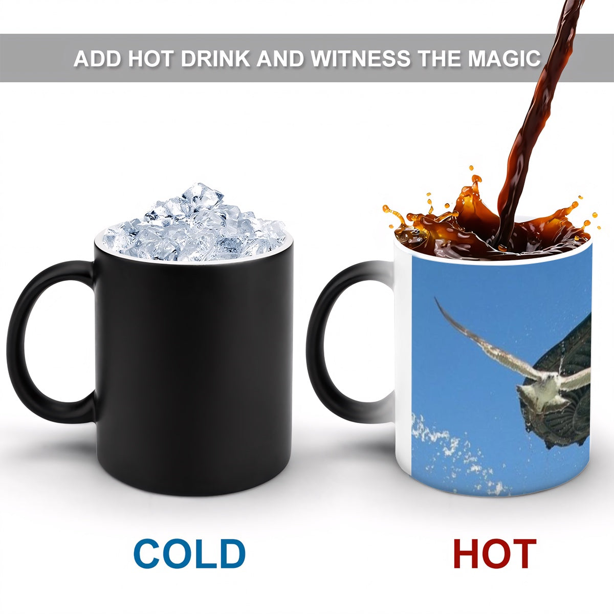 Color changing magic mug featuring seagull in flight with blue sky in background and Fontaine in Lisbon size:11oz