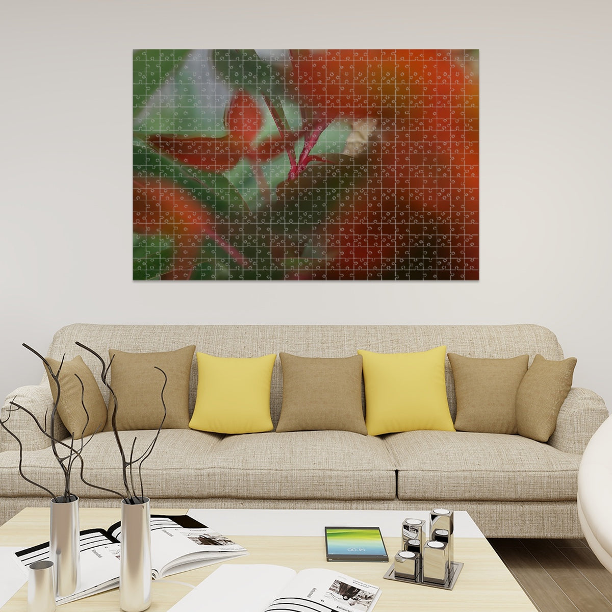 Wooden jigsaw puzzle of red and green foliage in full color with artistic bokeh, soft abstract nature scene