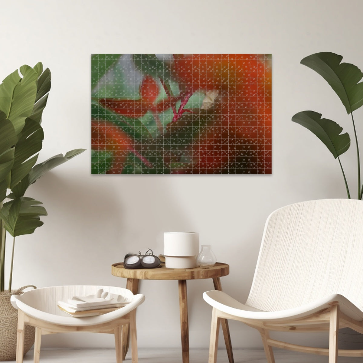 Wooden jigsaw puzzle of red and green foliage in full color with artistic bokeh, soft abstract nature scene