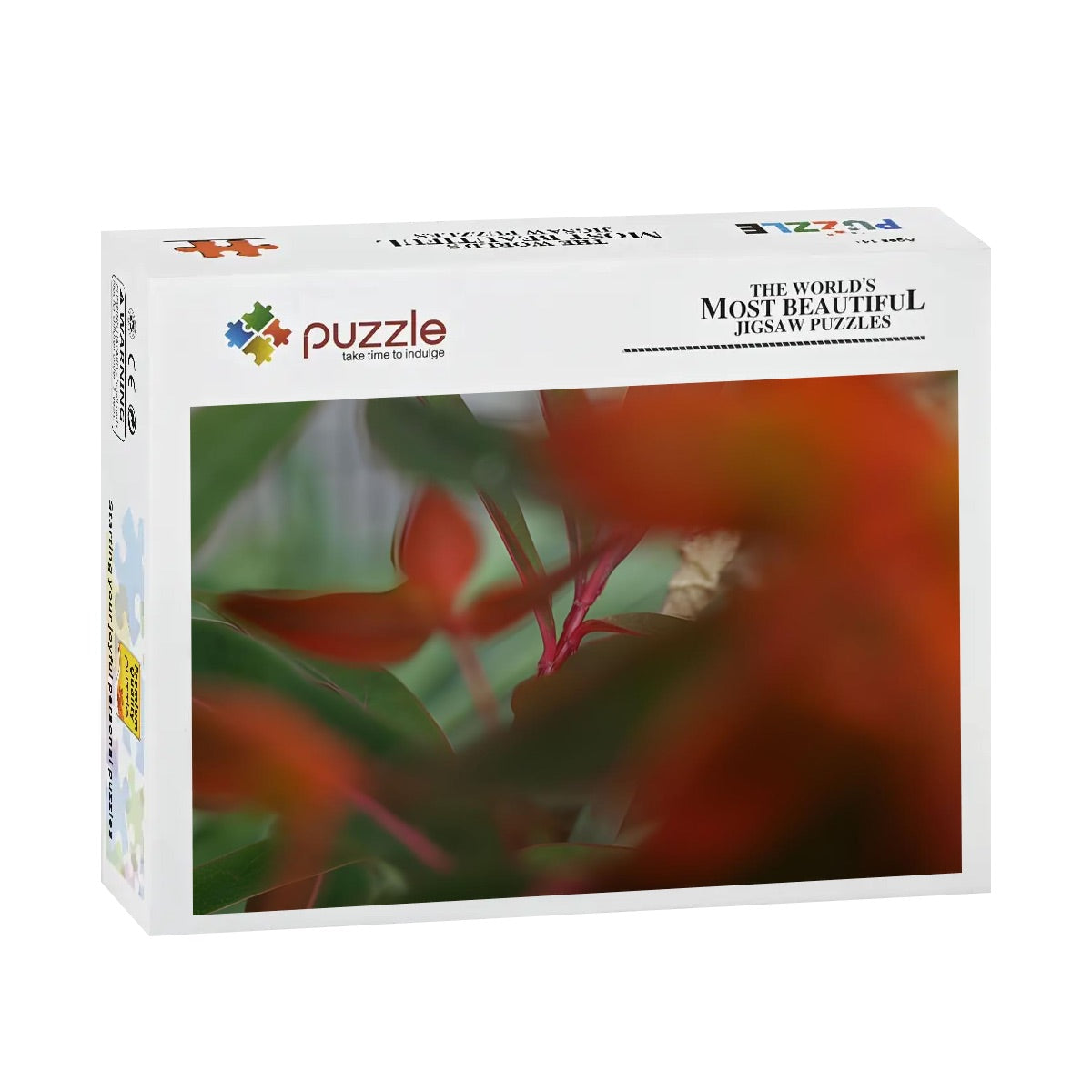 Wooden jigsaw puzzle of red and green foliage in full color with artistic bokeh, soft abstract nature scene