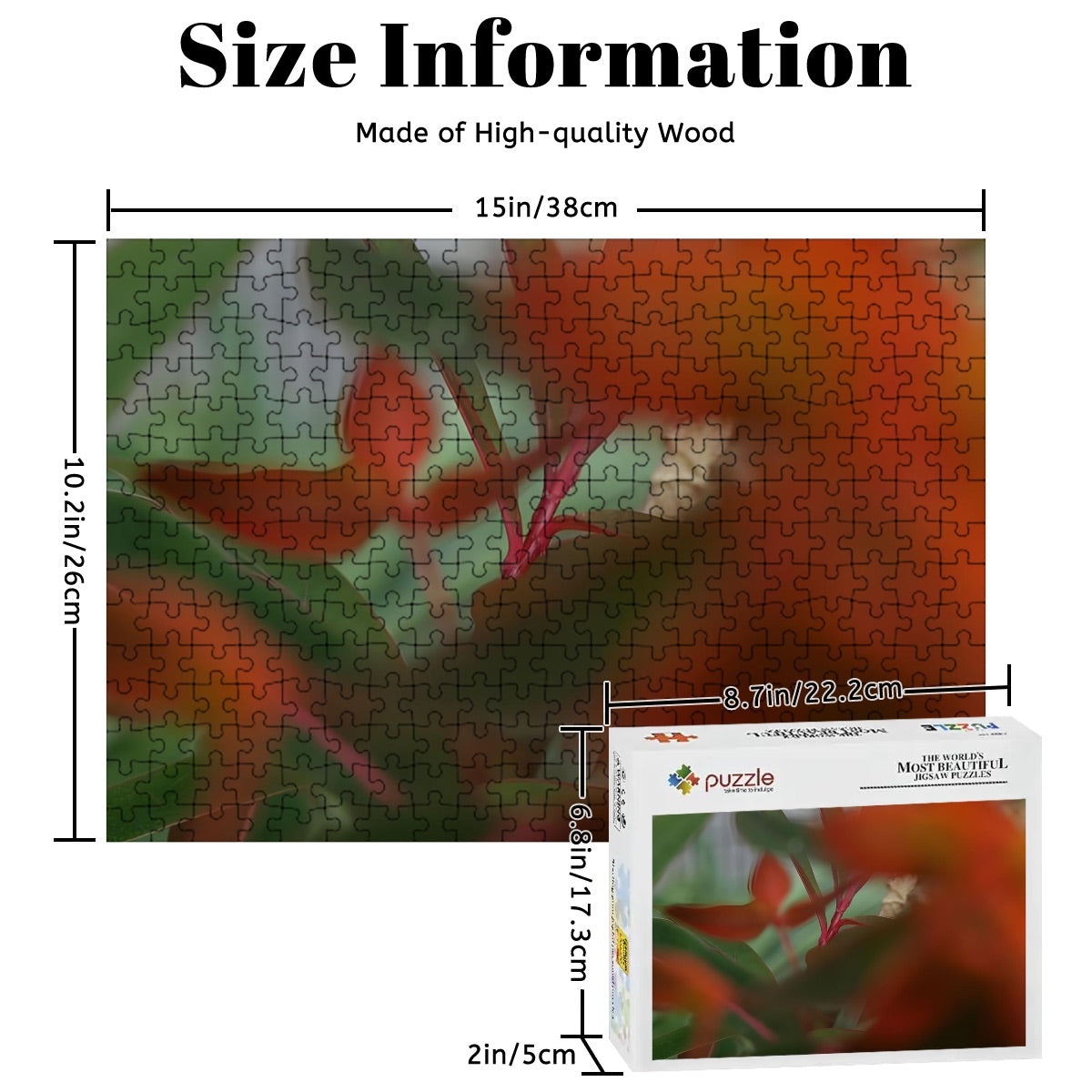 Wooden jigsaw puzzle of red and green foliage in full color with artistic bokeh, soft abstract nature scene