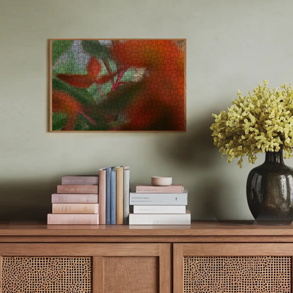 Wooden jigsaw puzzle of red and green foliage in full color with artistic bokeh, soft abstract nature scene