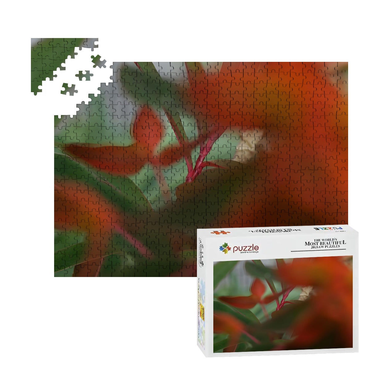 Wooden jigsaw puzzle of red and green foliage in full color with artistic bokeh, soft abstract nature scene
