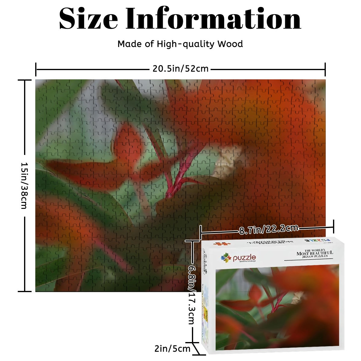 Wooden jigsaw puzzle of red and green foliage in full color with artistic bokeh, soft abstract nature scene