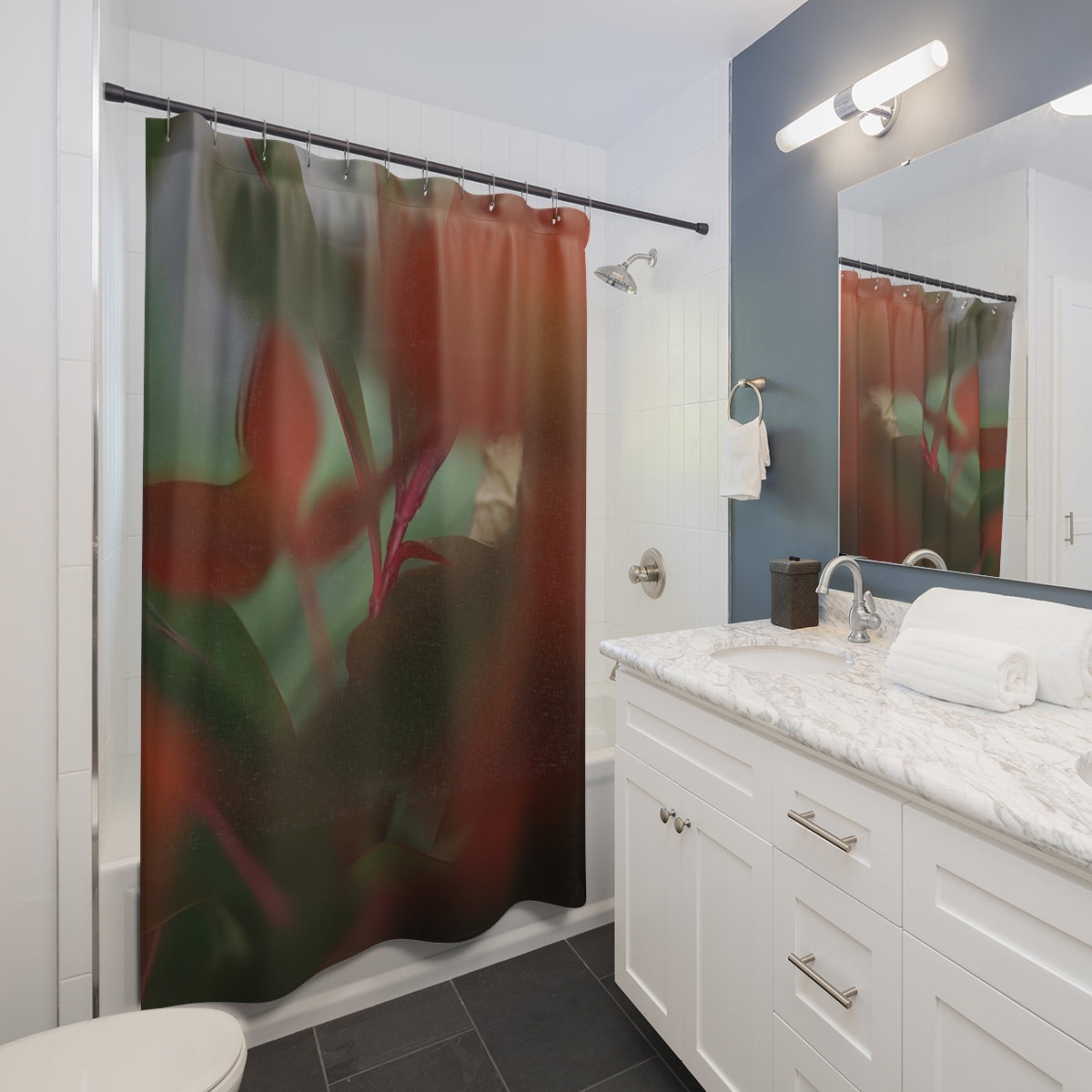 Designer shower curtain featuring close up of plant red green size: 71’’x74’’