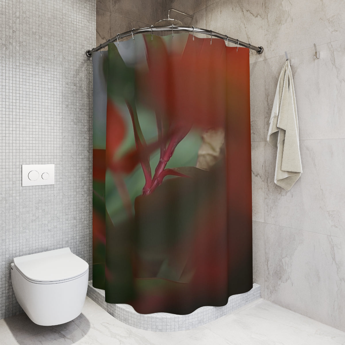 Designer shower curtain featuring close up of plant red green size: 71’’x74’’