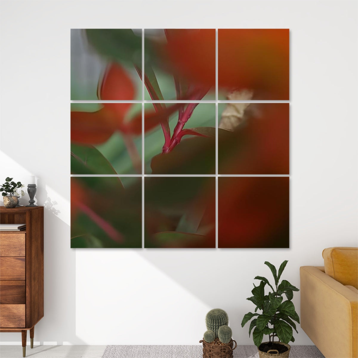 Front view of 9‑panel acoustic wall art featuring a soft‑focus abstract foliage photo with red stems and green leaves against a creamy bokeh background.