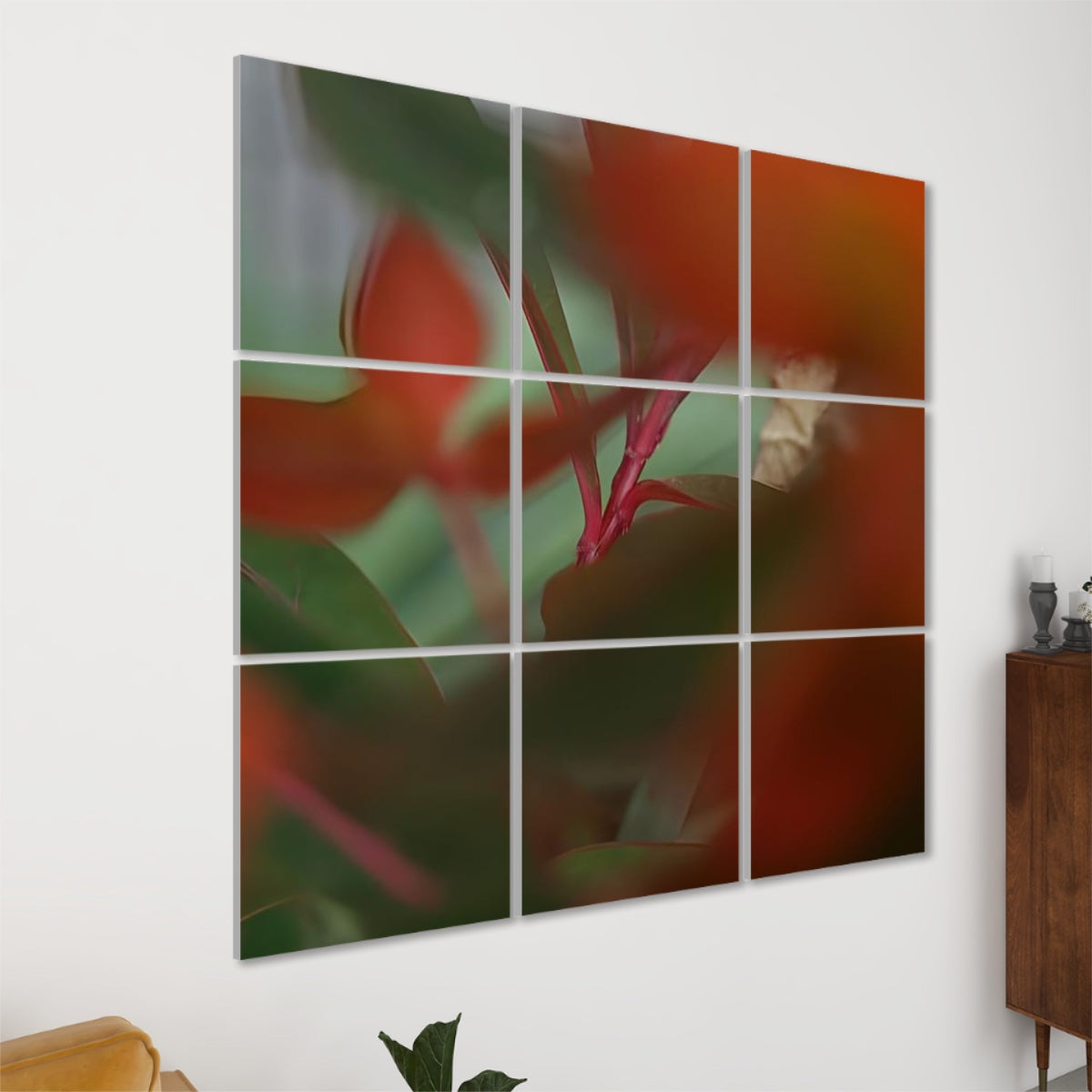 Left‑side angled view of the abstract foliage 9‑panel sound‑absorbing wall art, showing panel depth, seamless edges, and vivid red‑green tones.