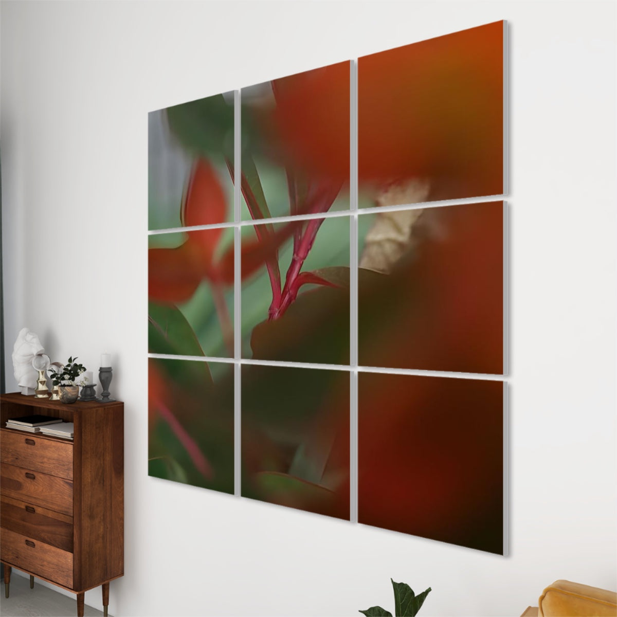 Right‑side perspective of the 3 × 3 abstract foliage acoustic panels, highlighting colour vibrancy and lightweight polyester panel thickness.