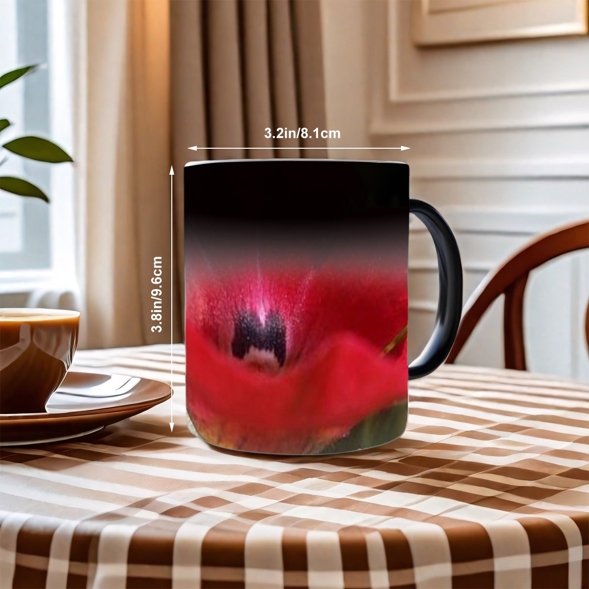 Color changing magic mug featuring red flower close up size: 11oz