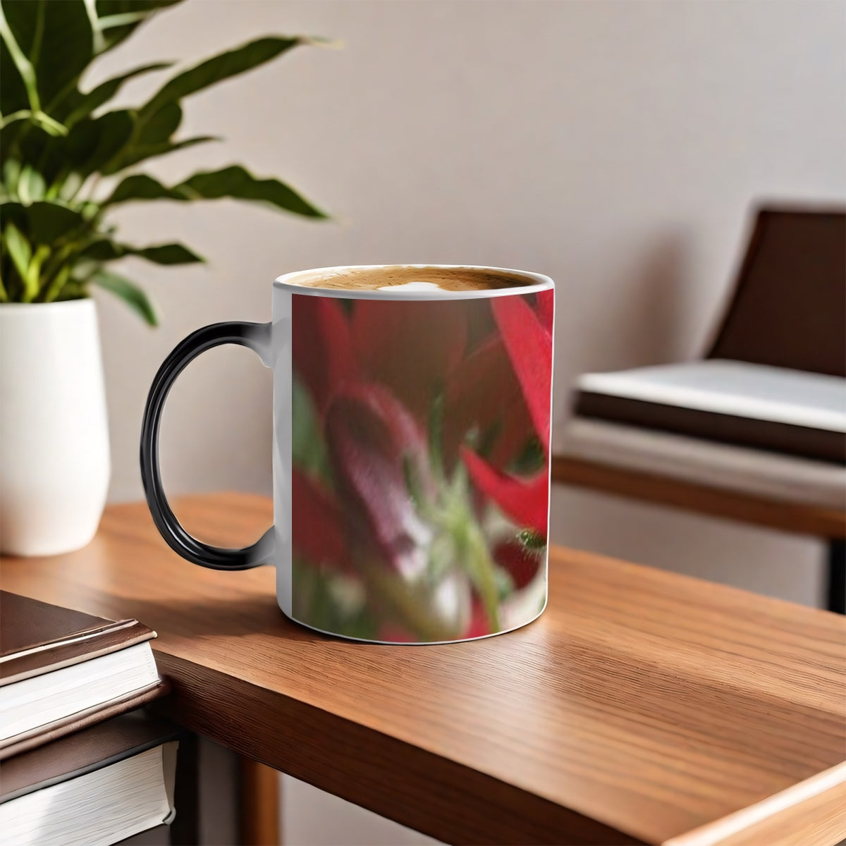 Color changing magic mug featuring red flower close up size: 11oz