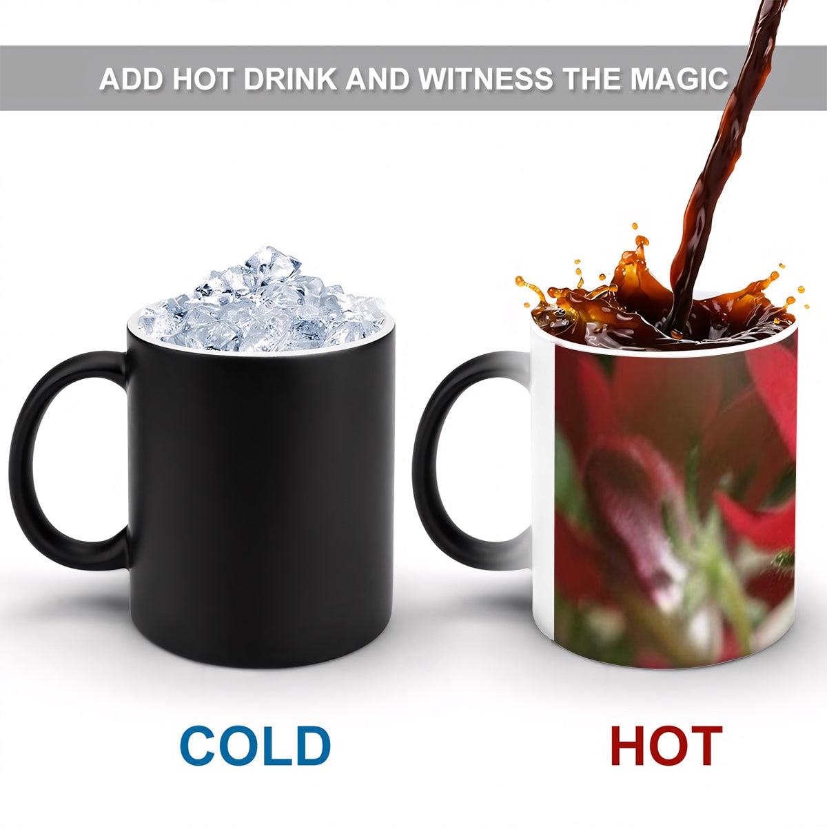 Color changing magic mug featuring red flower close up size: 11oz