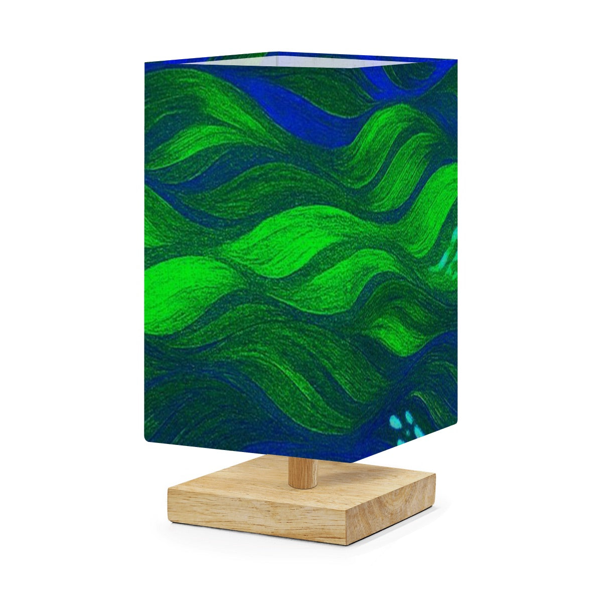 Square lamp with a linen shade in stark grayscale swirling currents, highlighted by gold flecks on a rubber wood base
