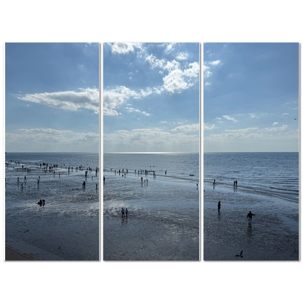 Made in UK Triptych Canvas featuring Beach in Shadow with Sunlight on the Horizon. Seaside low tide scene with silhouettes