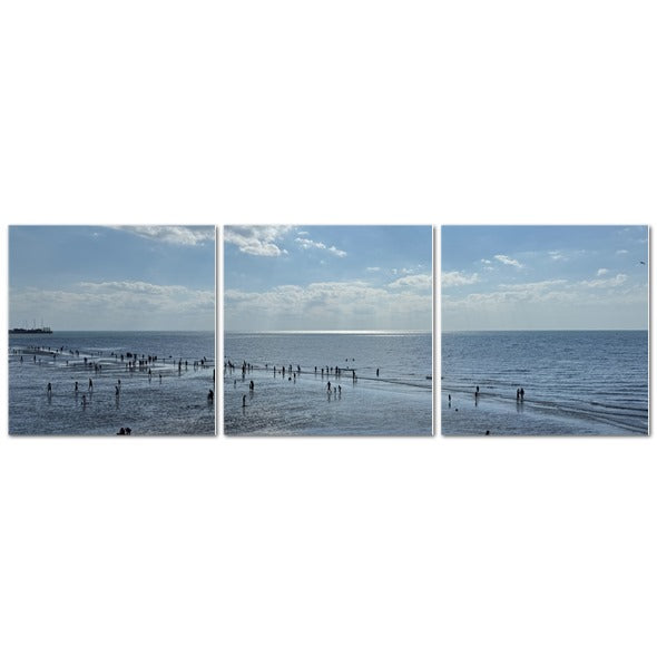 Made in UK Triptych Canvas featuring Beach in Shadow with Sunlight on the Horizon. Three panel coastal print at low tide