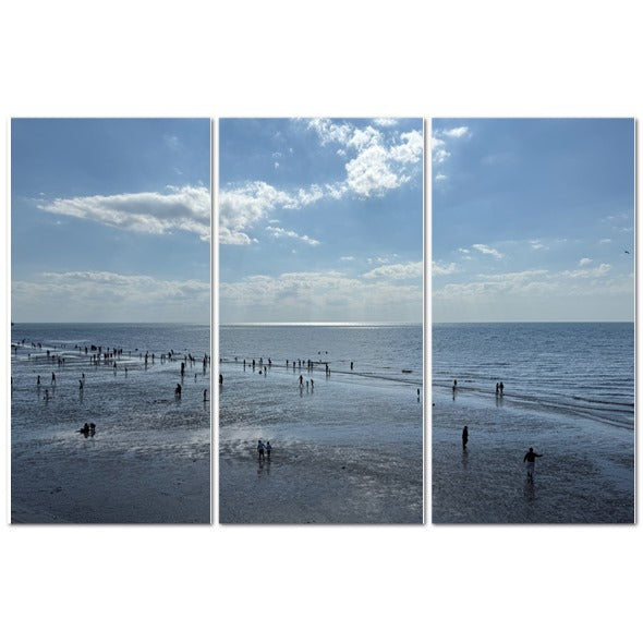 Made in UK Triptych Canvas featuring Beach in Shadow with Sunlight on the Horizon. Papis Canvas three panel beach scene