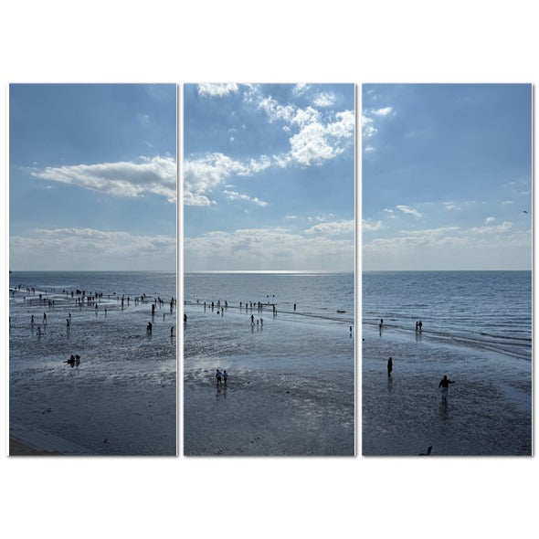 Made in UK Triptych Canvas featuring Beach in Shadow with Sunlight on the Horizon. three panel coastal wall art