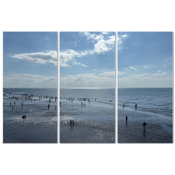 Made in UK Triptych Canvas featuring Beach in Shadow with Sunlight on the Horizon. Papis Canvas seascape print