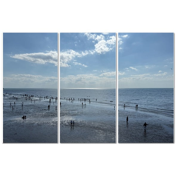 Made in UK Triptych Canvas featuring Beach in Shadow with Sunlight on the Horizon. Papi's Canvas beach art on wet sand