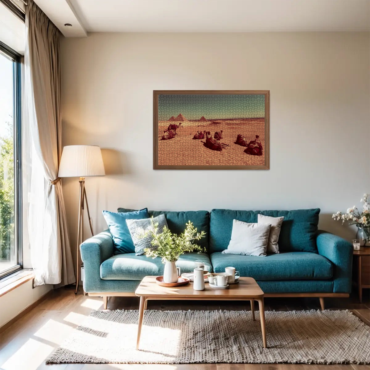 Brownie-toned puzzle featuring desert camels, pyramids in background, and distant Giza in warm vintage hues