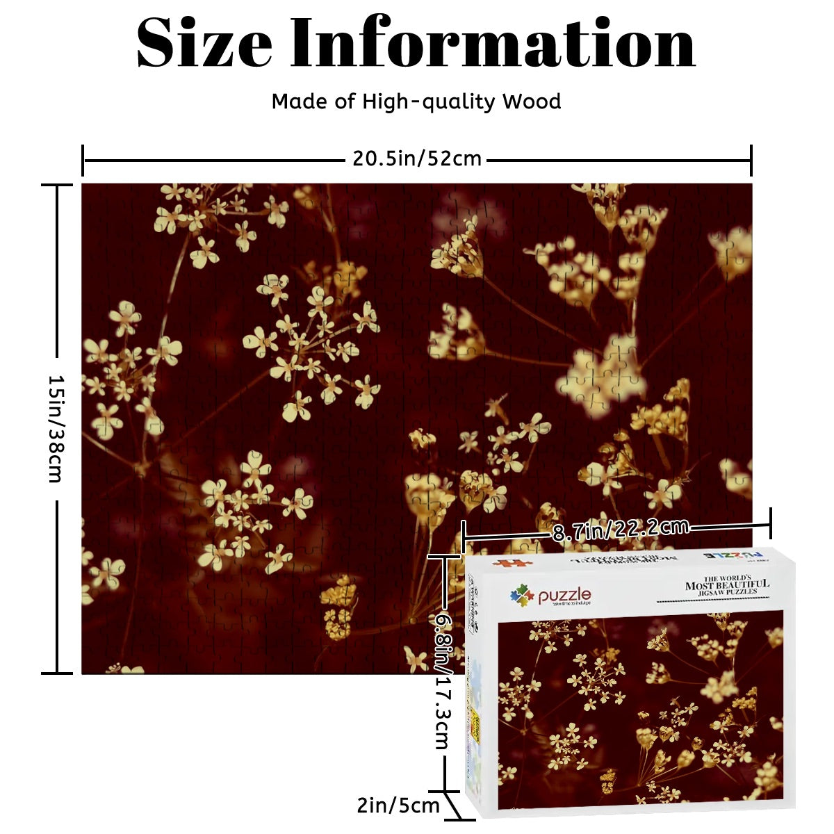 Earth-toned brownie version of white wildflowers printed on oak wood, with rich shadows and natural texture.