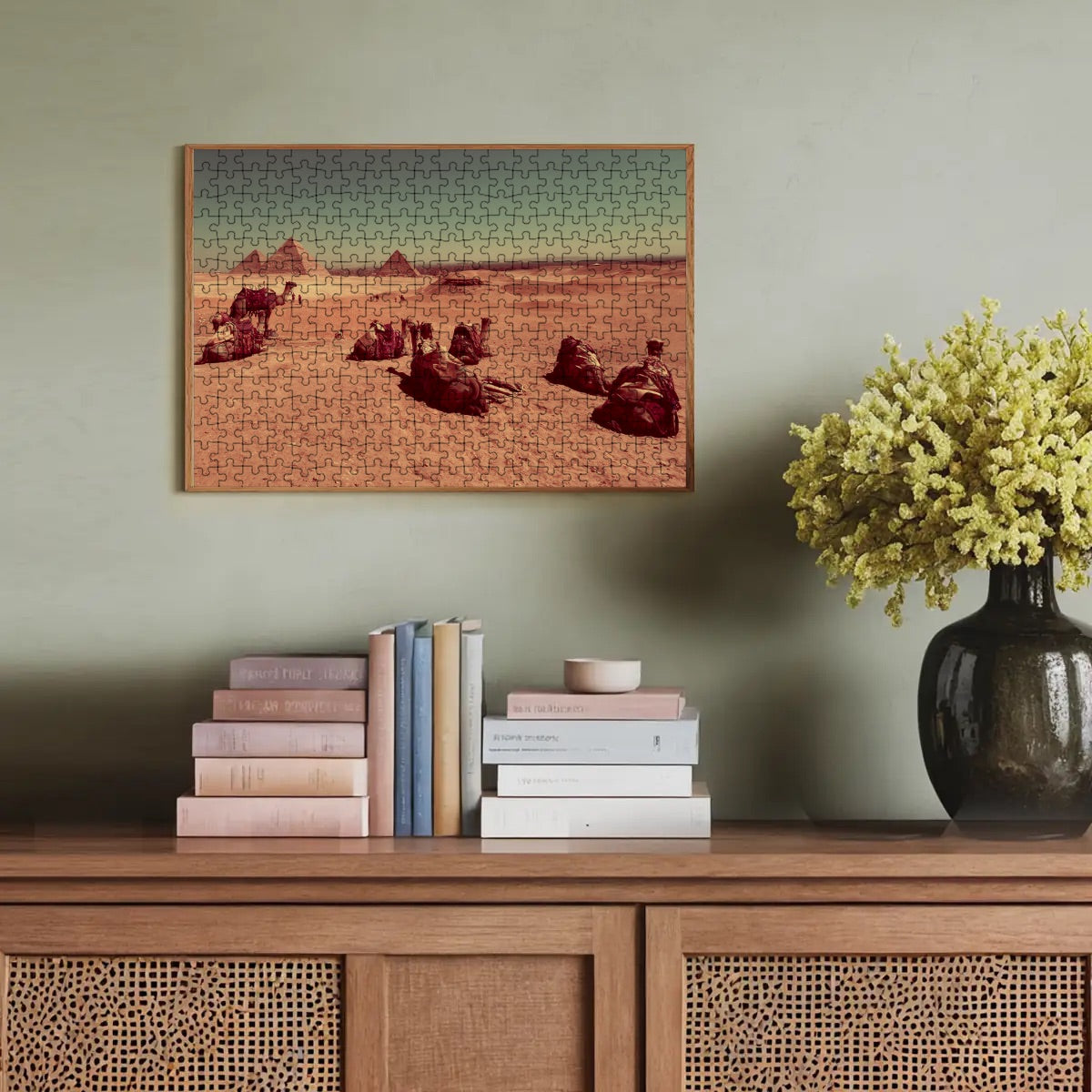 Brownie-style vintage puzzle showing camels, pyramids, and desert landscape, 300-piece basswood puzzle