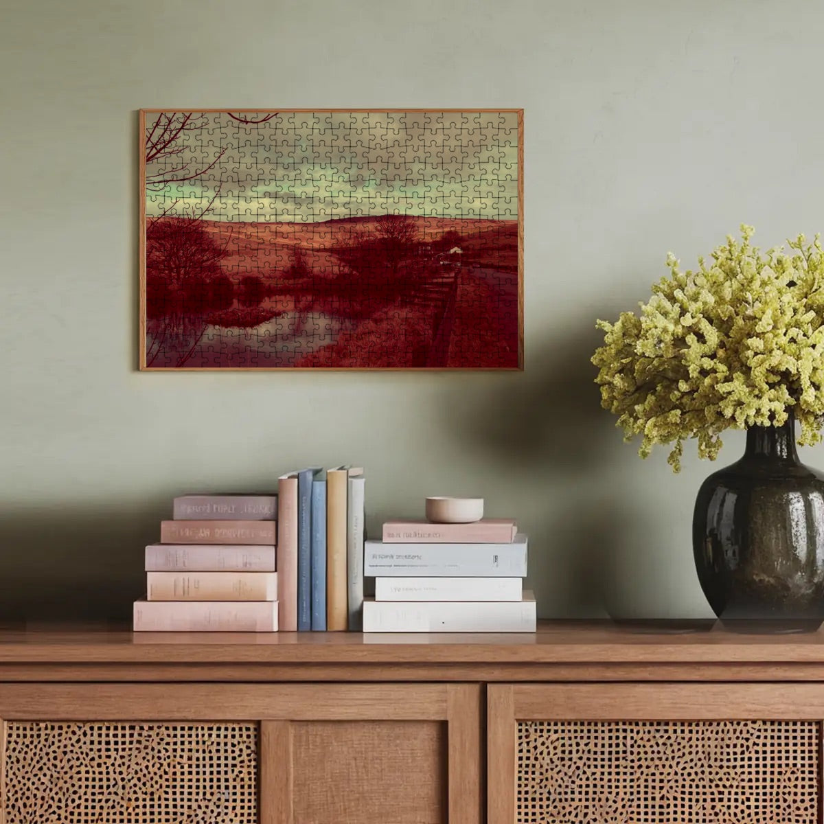 Brownie-toned rural landscape puzzle in deep browns and shadowed gold for an earthy visual finish.