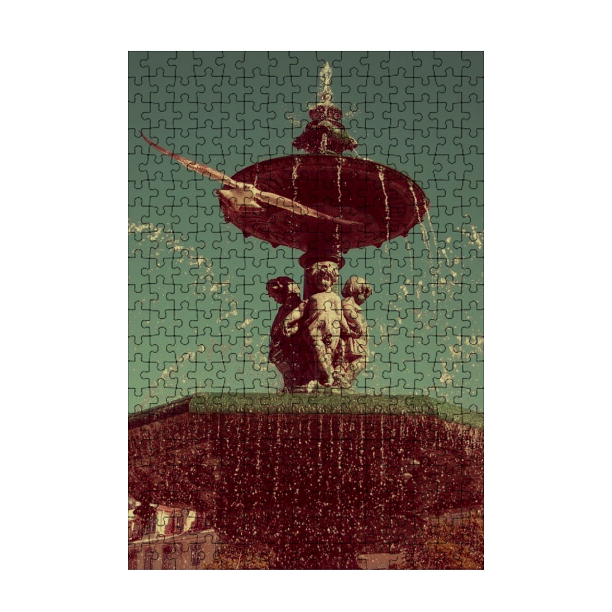 300-piece basswood jigsaw puzzle featuring a warm brownie-toned version of a seagull flying in Lisbon with fountain and sky, size 15" x 10.2"