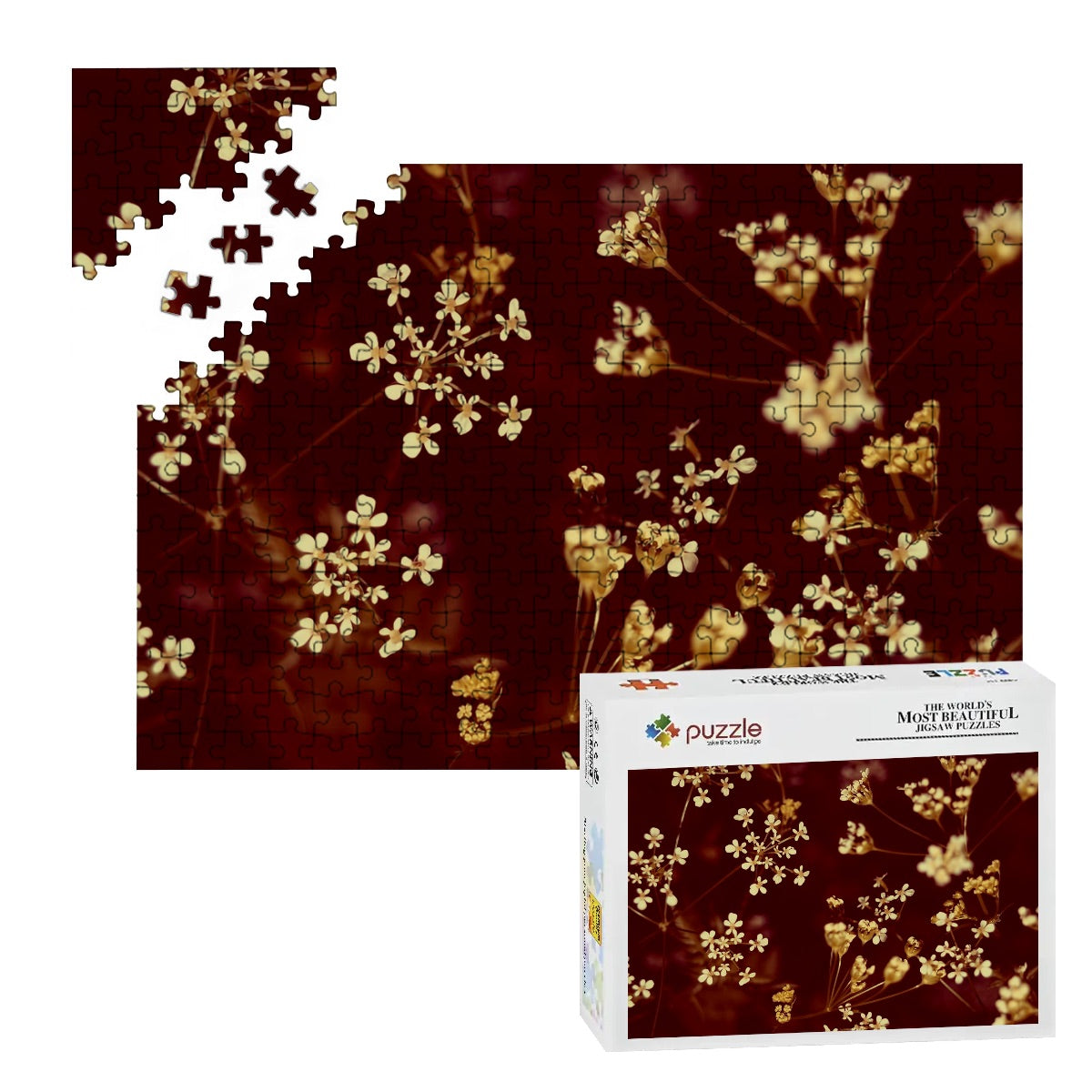Brownie-style floral puzzle printed on basswood, featuring soft white wildflowers and rich, earthy contrast.