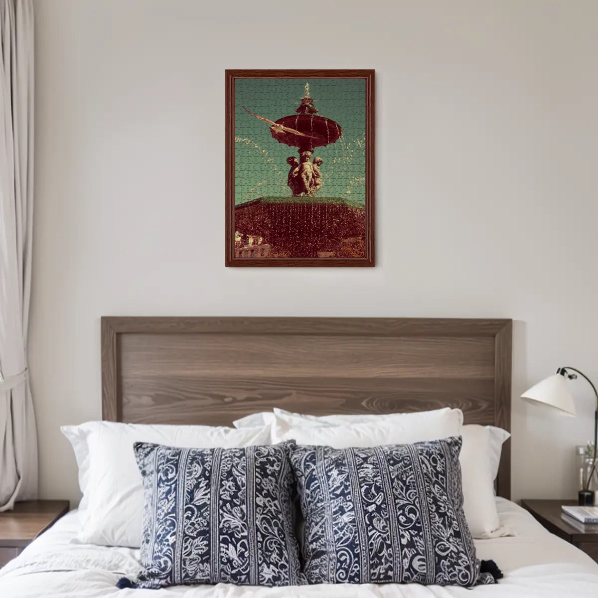 500-piece basswood jigsaw puzzle showing a warm brownie-toned image of a seagull flying in Lisbon with fountain and sky, size 20.5" x 15"