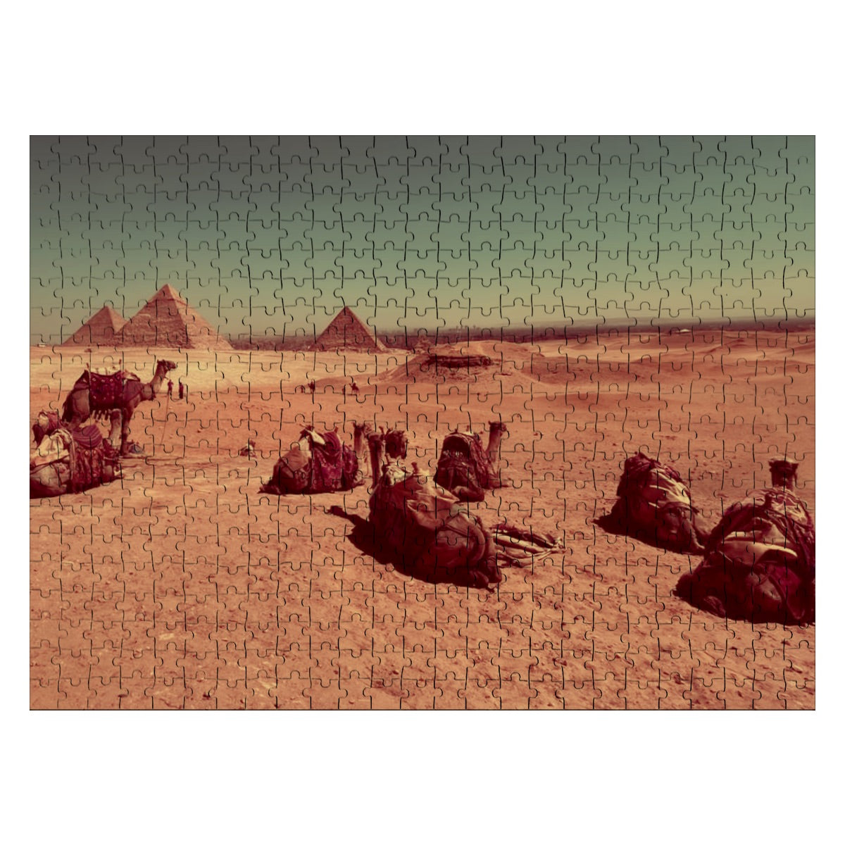 Vintage brownie-tone puzzle of camels and pyramids in Egyptian desert landscape, 500-piece basswood