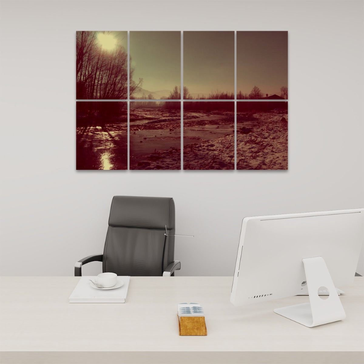 Front view of brownie version of Winter Stream wall panels with earthy tones and rustic winter forest atmosphere.