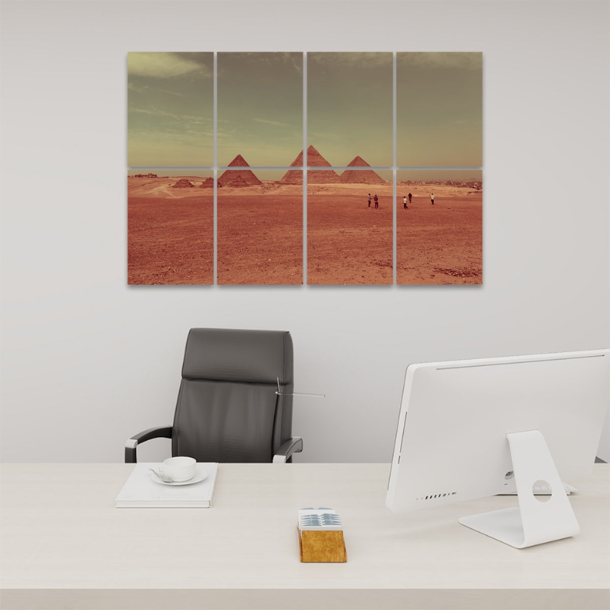 Warm-toned version of the pyramids and desert landscape, with visitors in the foreground across 8 acoustic wall panels.