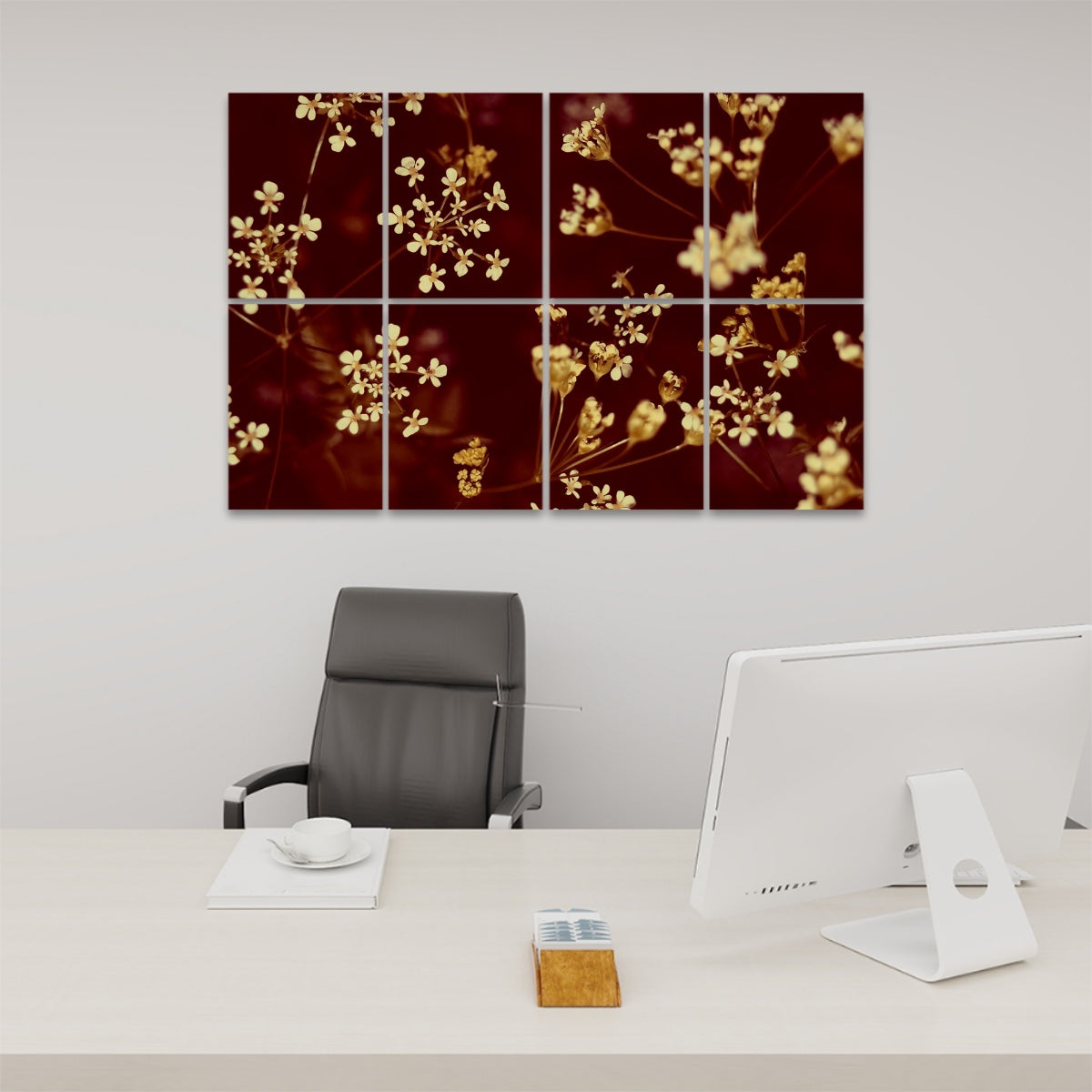 Brownie-toned wildflower design on 8 decorative acoustic panels, with rich warm shadows and organic depth.
