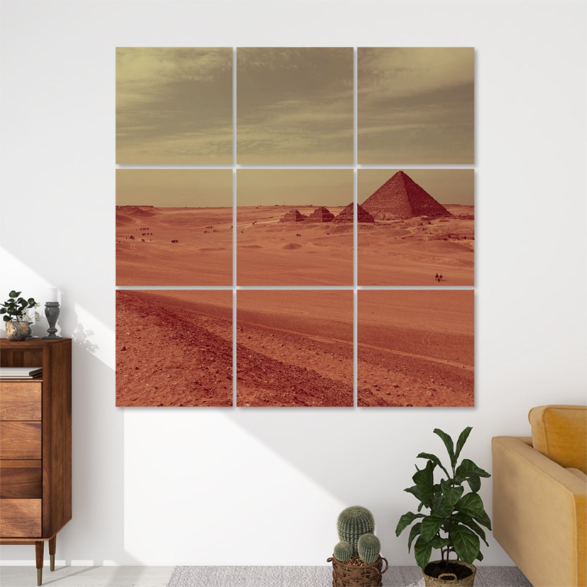Brownie-style sound-absorbing panels featuring the Pyramid of Menkaure in warm, retro tones