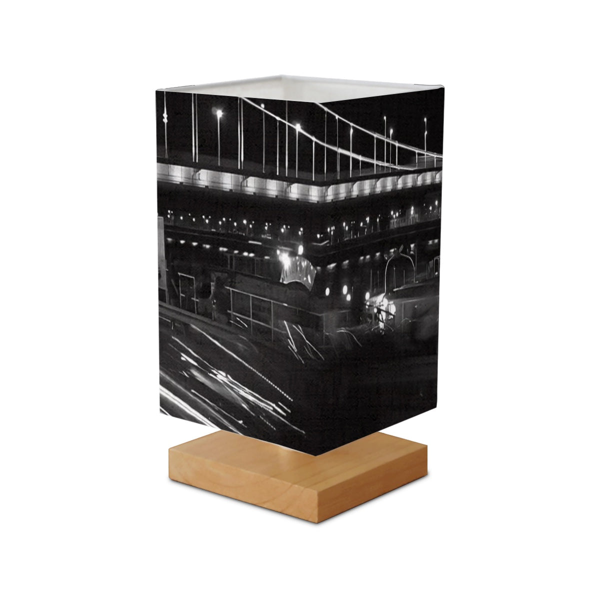 Square Table Lamp featuring black and white long exposure photograph of bridge in Budapest Citadel and car size: 5.5''x5.5''x11''