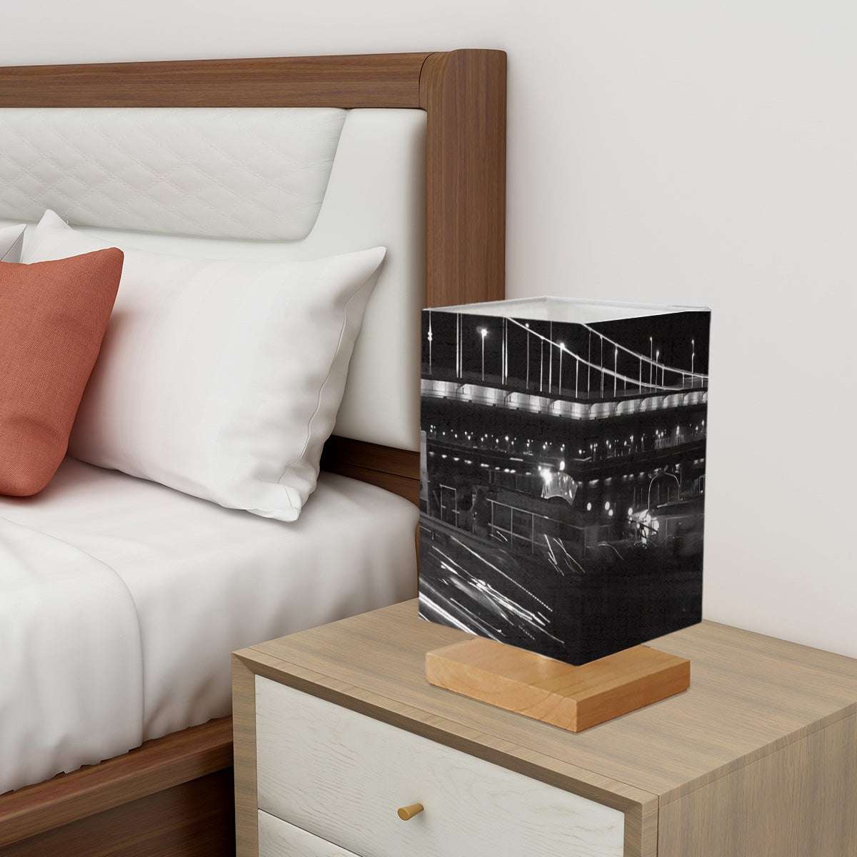 Square Table Lamp featuring black and white long exposure photograph of bridge in Budapest Citadel and car size: 5.5''x5.5''x11''