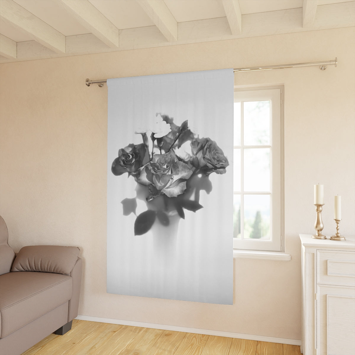 Curtain in bright interior: Monochrome floral blackout curtain hanging in a sunlit beige living room with wooden floor and neutral furnishings – 50" × 84"