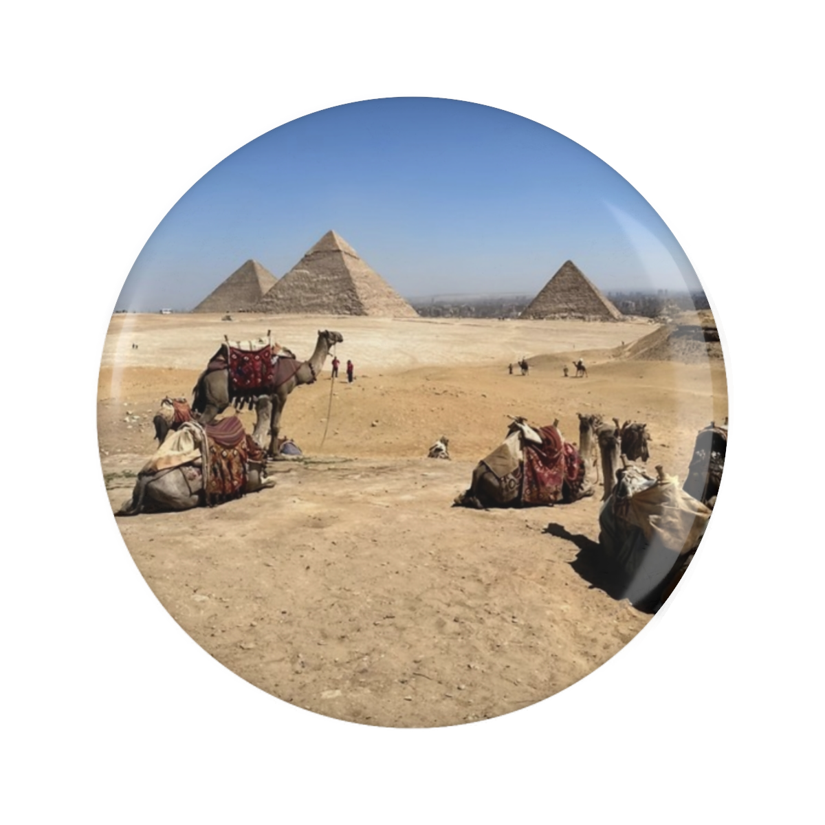 fridge magnet featuring camela desert and pyramids of giza size: 2.25'' 5.7cm