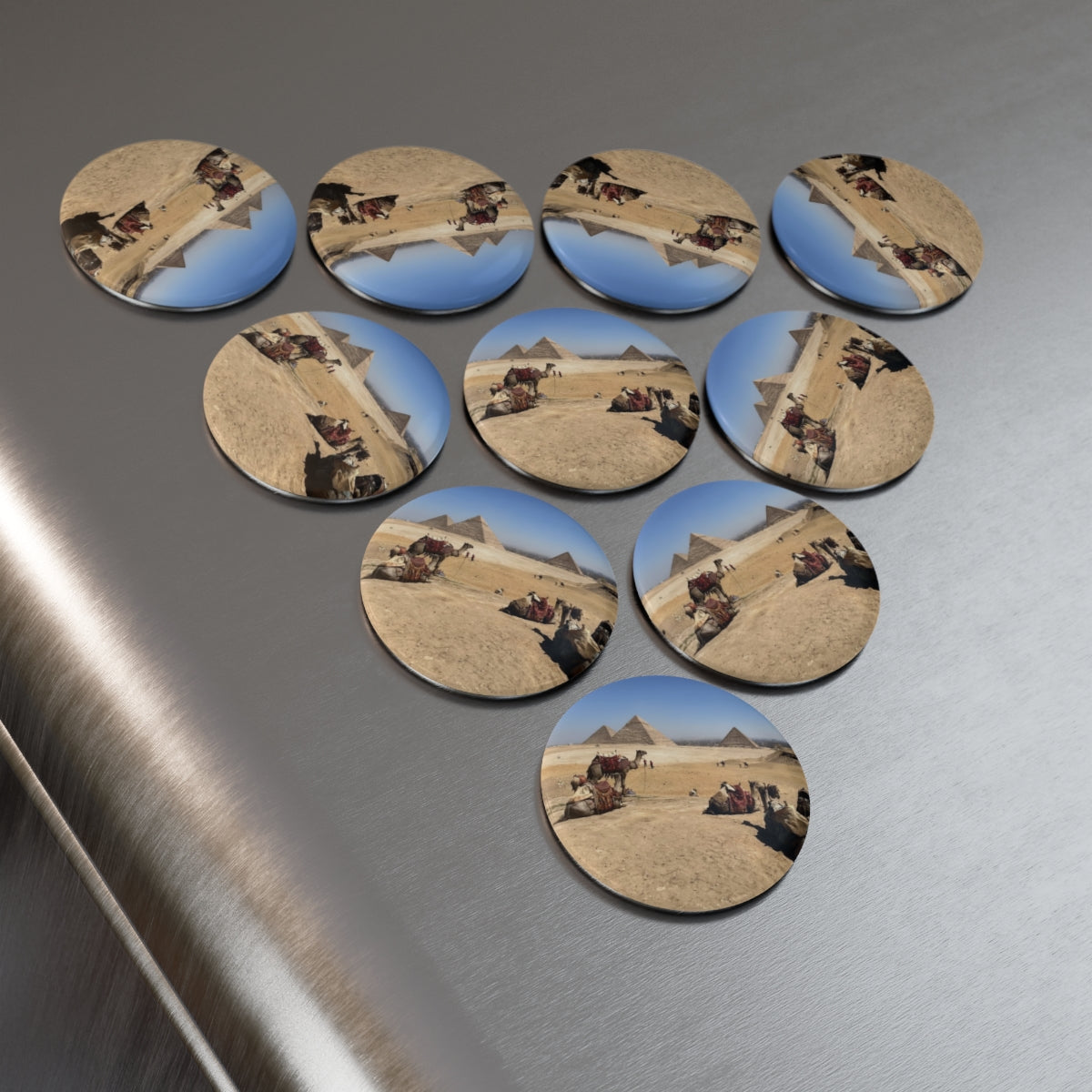 fridge magnet featuring camela desert and pyramids of giza size: 2.25'' 5.7cm