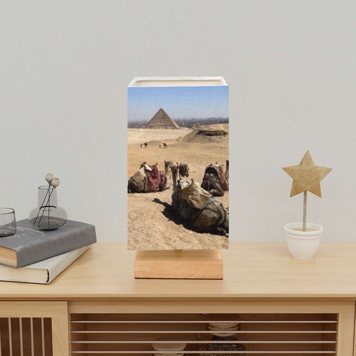 Square Table Lamp featuring camels desert and pyramids in distance size: 5.5''x5.5''x11''