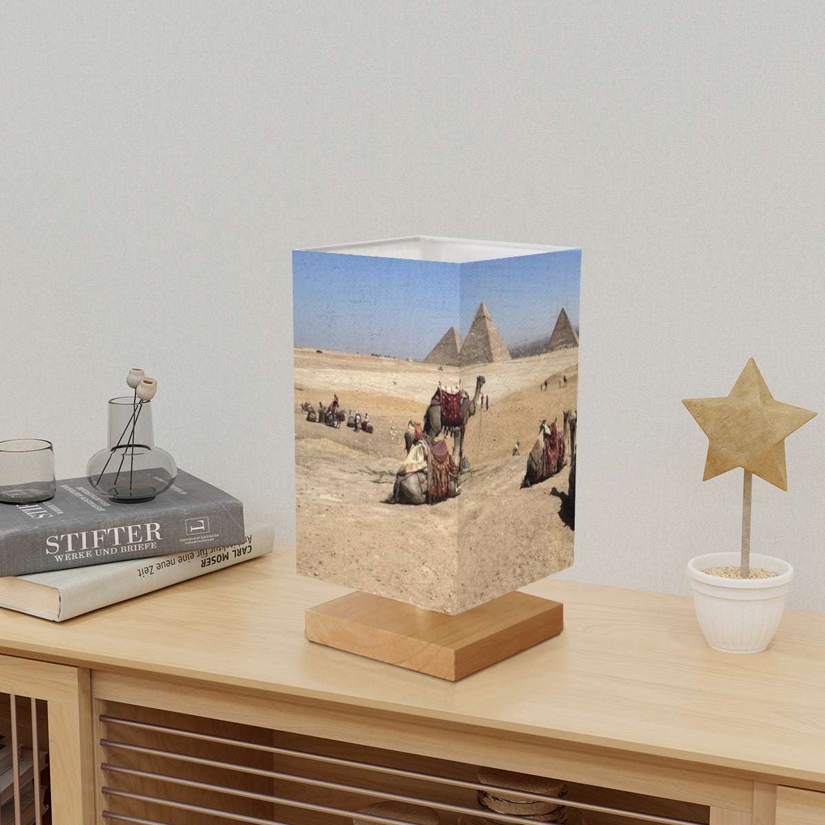 Square Table Lamp featuring camels desert and pyramids in distance size: 5.5''x5.5''x11''