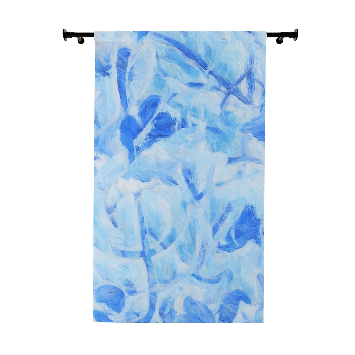 Blackout curtain with clef with layered abstract leaf shapes in soft sky blue, ice, and cloud tones, shown against a plain white background